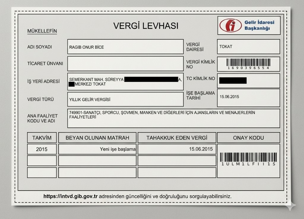Bice Menajerlik vergi levhası - Gelir İdaresi Başkanlığı onaylı